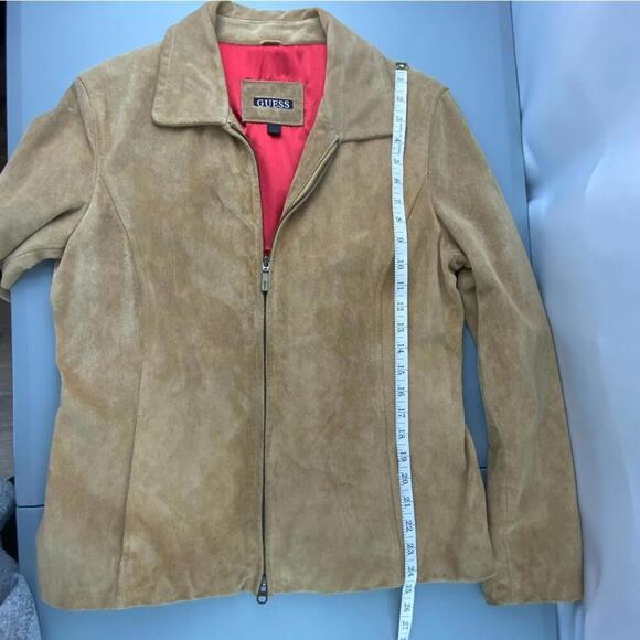 GUESS Vintage Y2K Camel Tan Suede Zippered Jacket Red Lining - Picture 15 of 15
